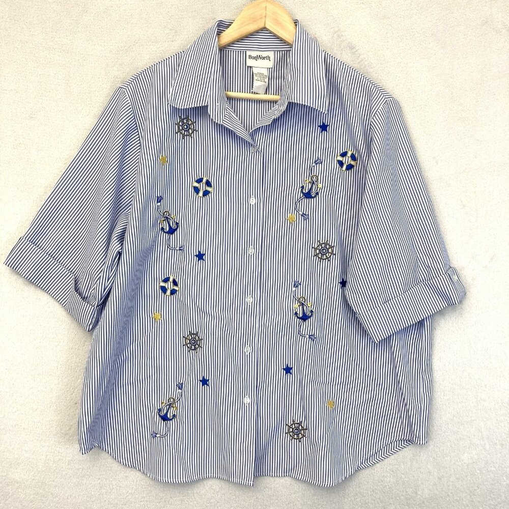 Vintage‎ BonWorth Nautical Shirt Womens Large Petite PL Embroidered Stripe Blue